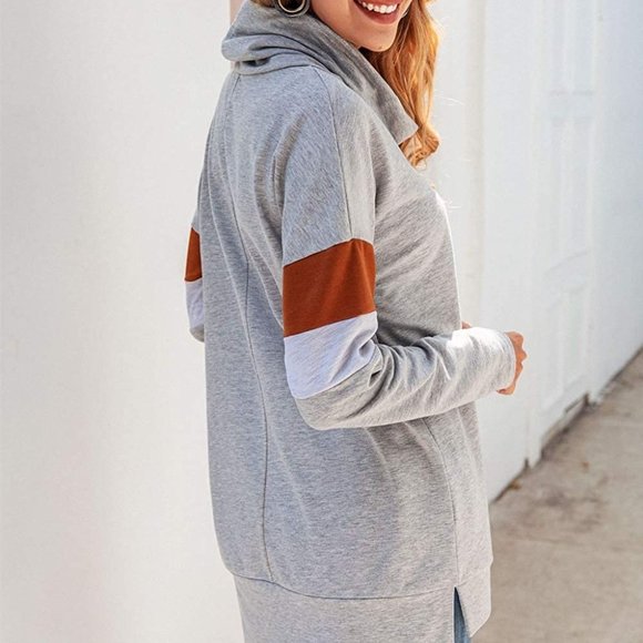 Barlver Womens Zip up Hoodie Color Block Cowl Neck Drawstring Hooded Sweatshirt - Picture 5 of 6